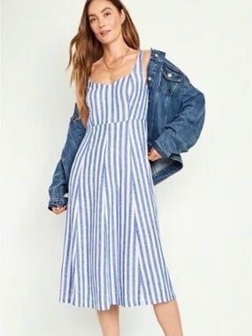 Old Navy Dress Fit & Flare Blue White Sleeveless Striped Pocket Spring Women Med